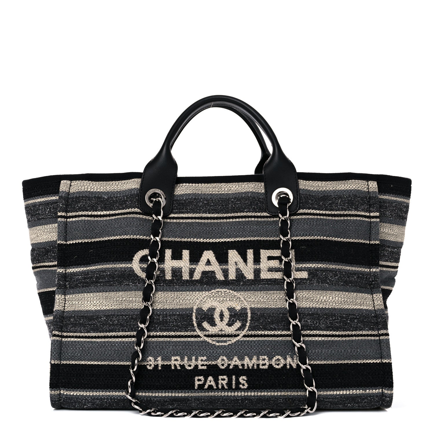 Chanel Striped Canvas Medium Deauville Tote Grey Black 1 of 14