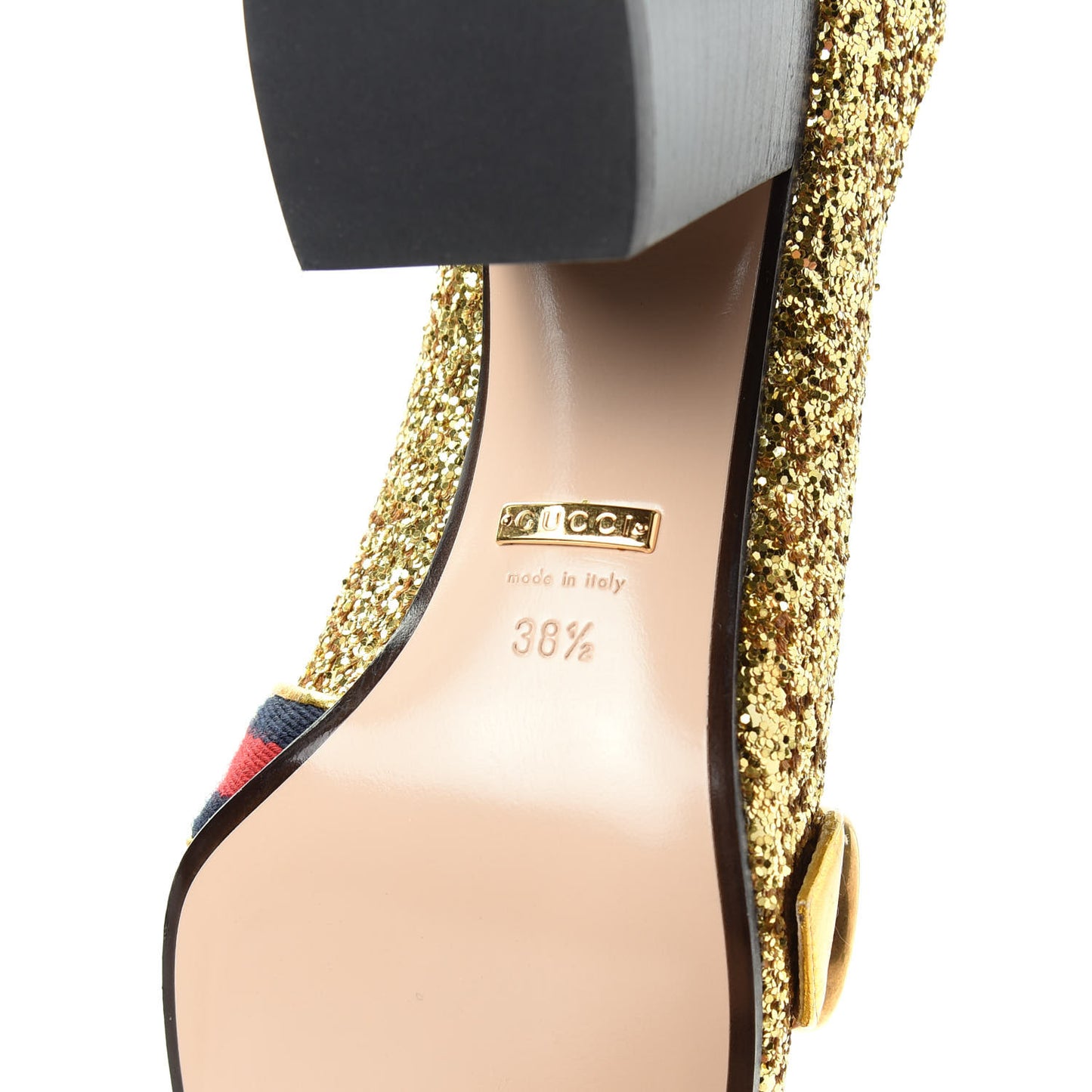 Glitter Nappa Web Peyton 75mm Loafer Pumps 38.5 Oro Vecchio