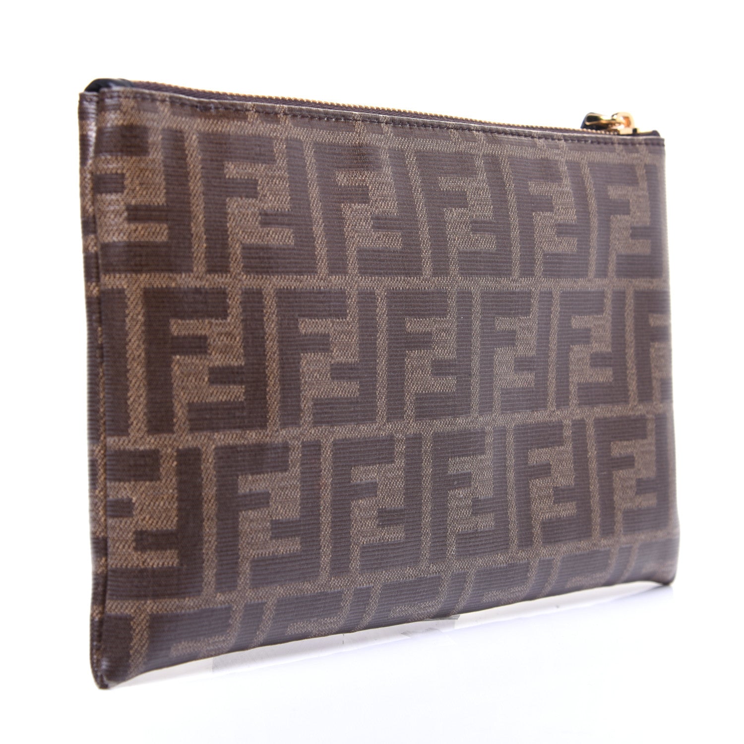Fendi Glazed Fabric Vitello Century FF 1974 Stamp Patch Small FFreedom Flat Pouch Mogano Panna Black 2 of 10