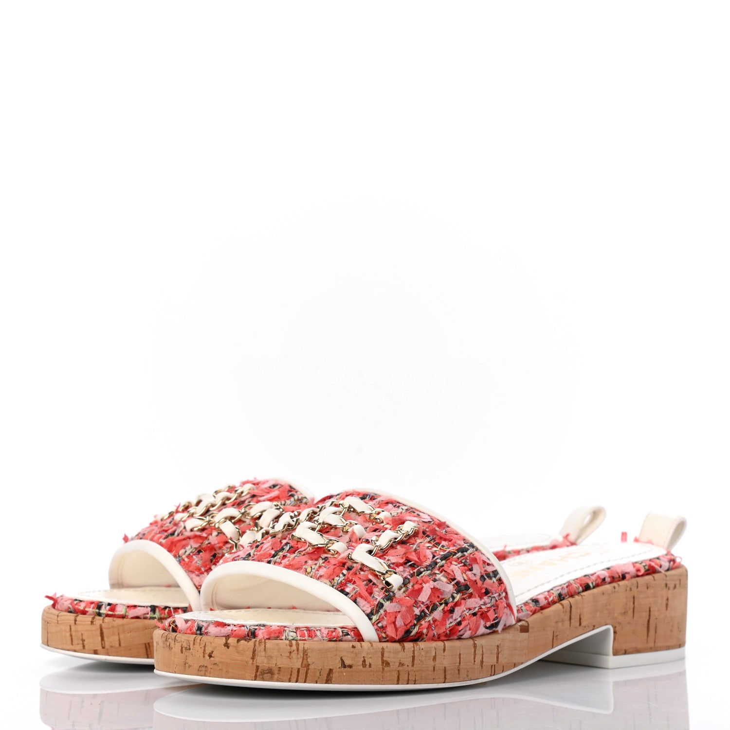 Chanel Tweed Cork Mule Sandal 35 Coral Red Pink 3 of 8
