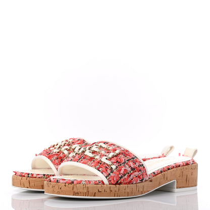 Chanel Tweed Cork Mule Sandal 35 Coral Red Pink 3 of 8