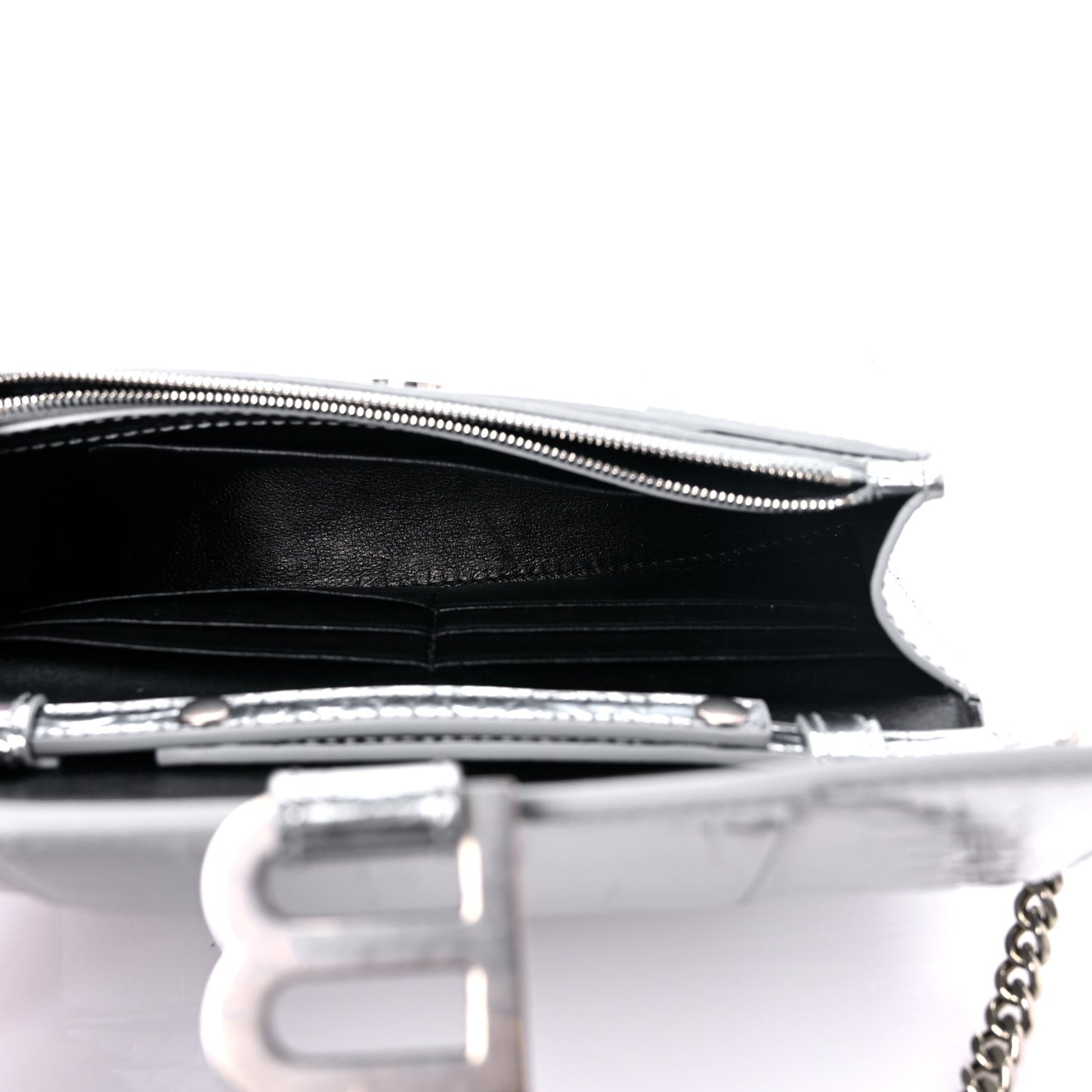 Metallic Calfskin Crocodile Embossed Hourglass Chain Bag Silver