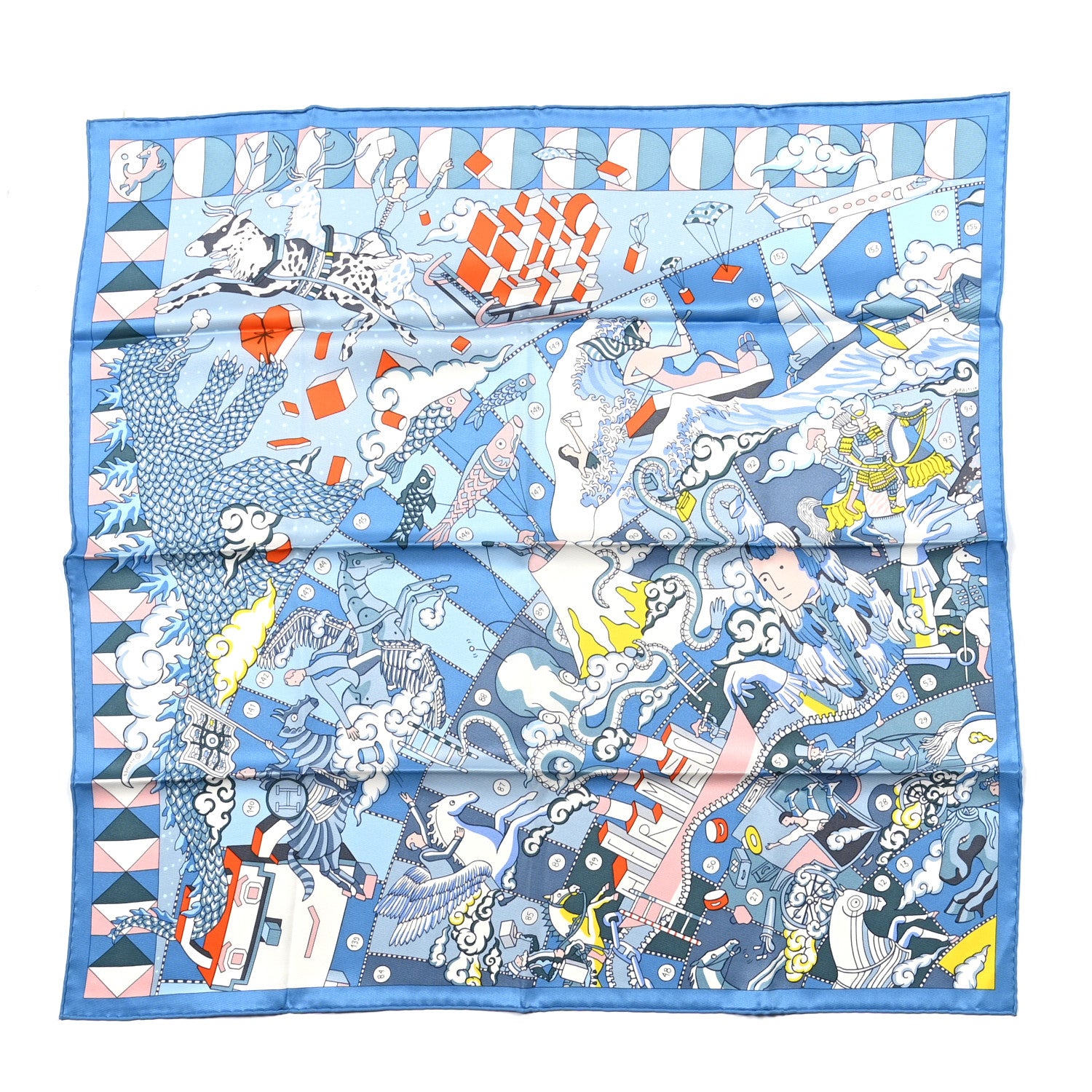 Hermes Silk L'Epopee D'Hermes Detail Scarf 70 Bleu Orange White 1 of 5