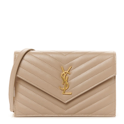 Saint Laurent Grain De Poudre Matelasse Chevron Monogram Envelope Chain Wallet Dark Beige 1 of 11