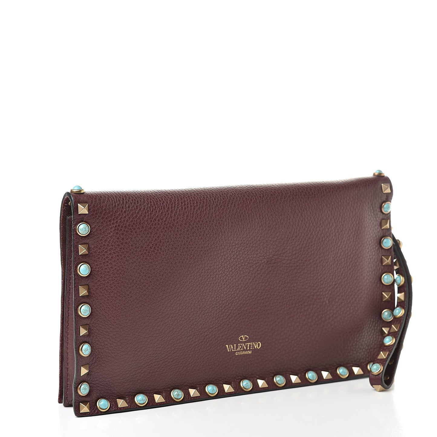 Pebbled Calfskin Rockstud Rolling Wristlet Clutch Rubin