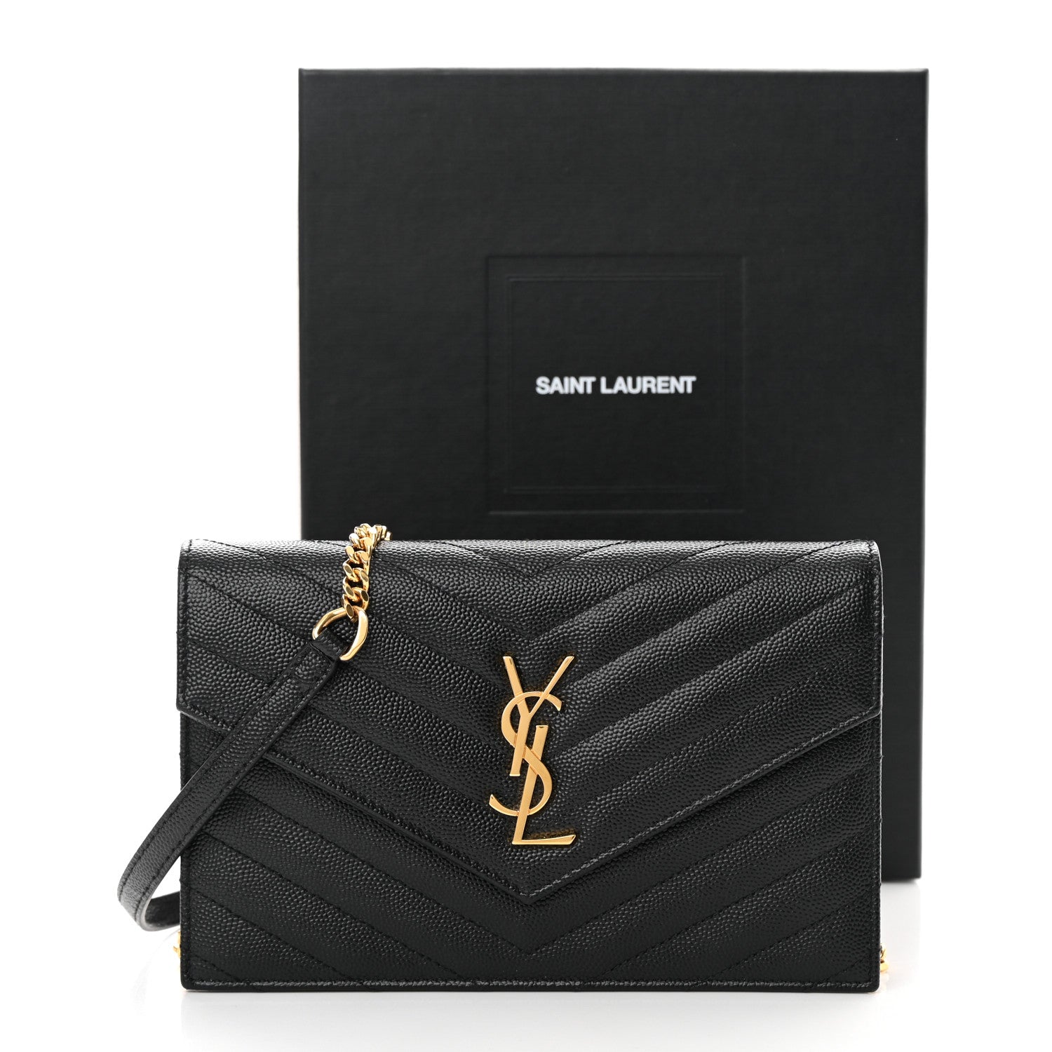Saint Laurent Grain De Poudre Matelasse Chevron Monogram Envelope Chain Wallet Black 13 of 13