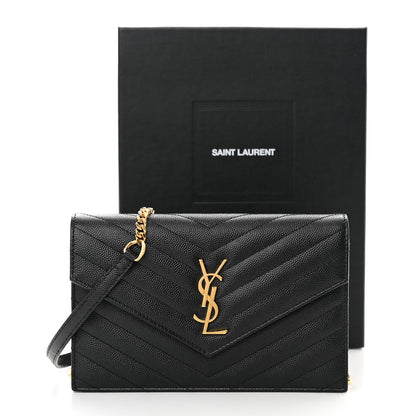 Saint Laurent Grain De Poudre Matelasse Chevron Monogram Envelope Chain Wallet Black 13 of 13