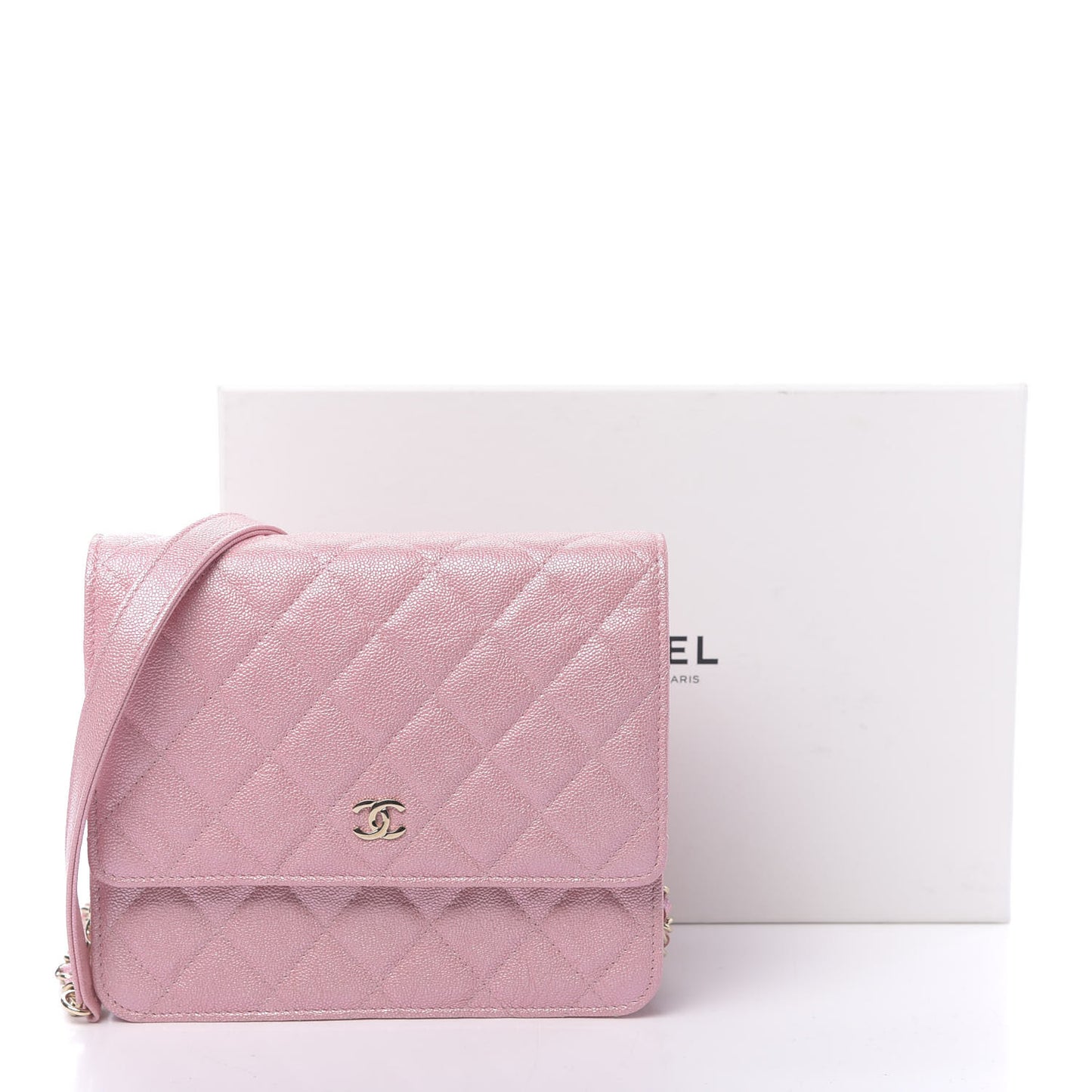 Iridescent Caviar Quilted Square Wallet On Chain WOC Rose Pink