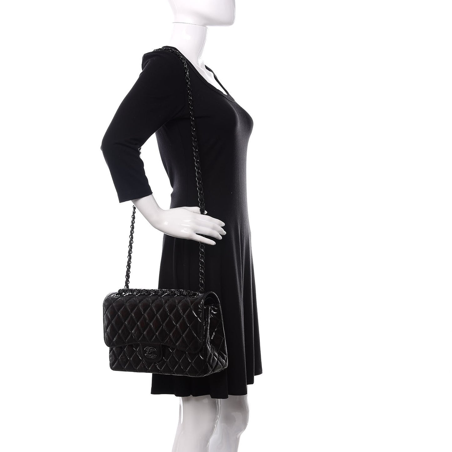 Shiny Distressed Calfskin Quilted Jumbo Double Flap So Black