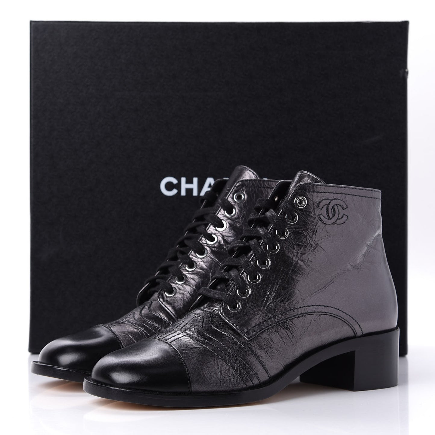 Metallic Calfskin CC Lace Up Boots 38.5 Silver Black