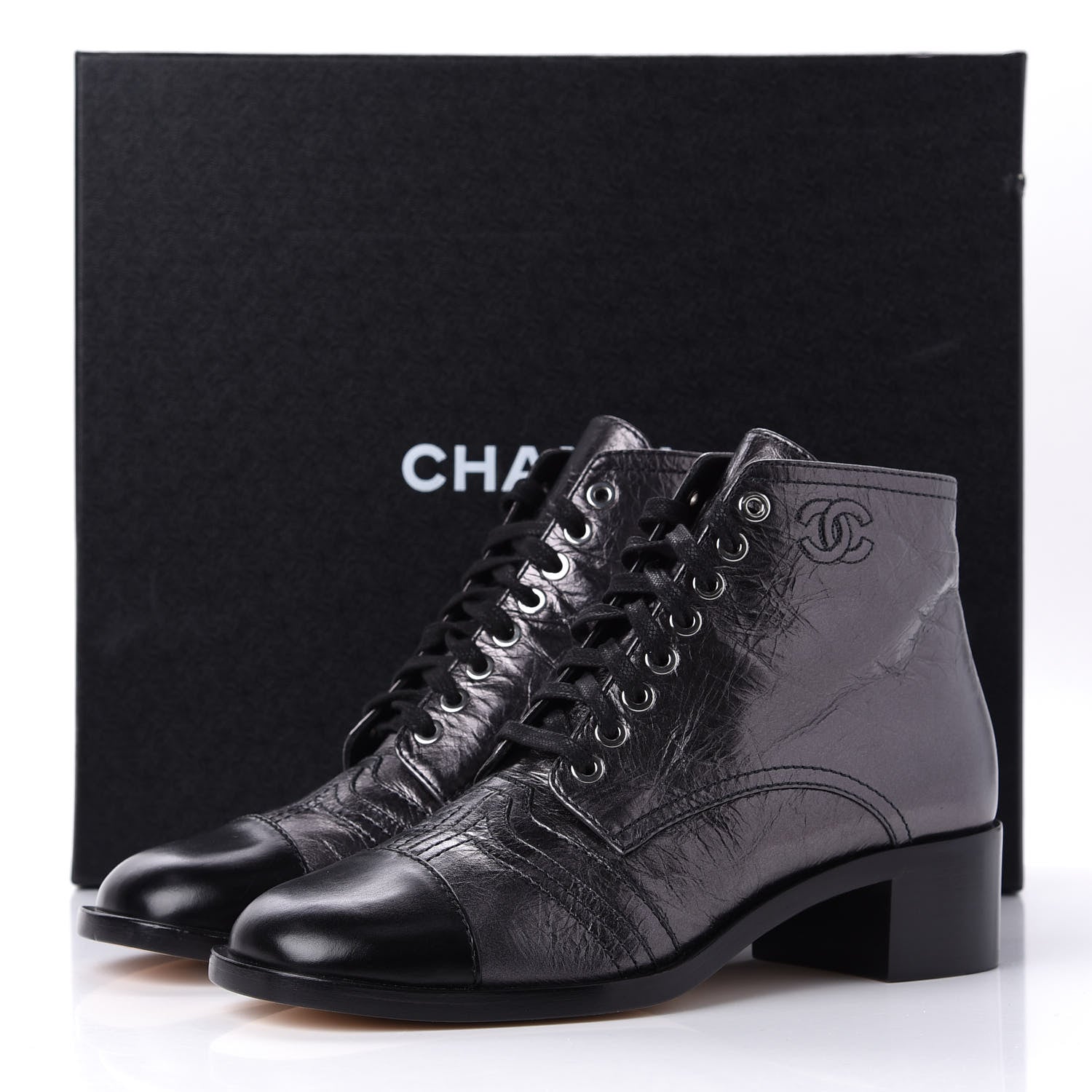 Chanel Metallic Calfskin CC Lace Up Boots 38.5 Silver Black 12 of 12