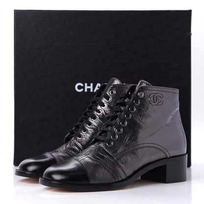 Chanel Metallic Calfskin CC Lace Up Boots 38.5 Silver Black 12 of 12