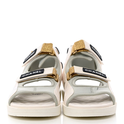 Chanel Goatskin Fabric Gladiator Sandals 41.5 White Light Grey Navy Blue 2 of 10