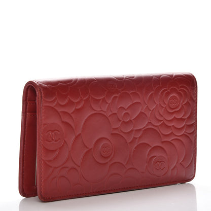 Chanel Lambskin Camellia Embossed Yen Wallet Dark Red 3 of 13