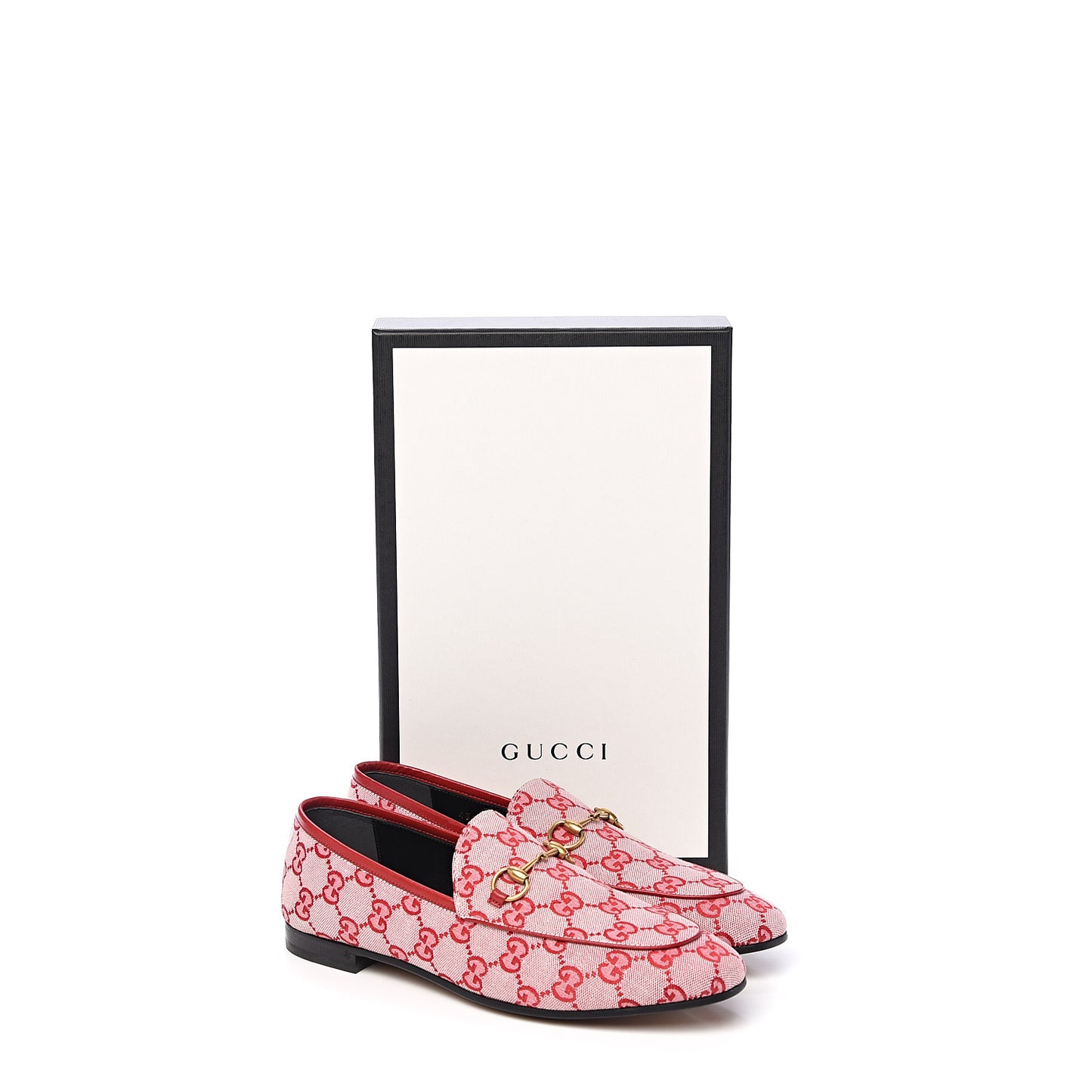 Canvas GG Monogram Horsebit Womens Jordaan Loafers 39.5 Gardenia Hibiscus Red
