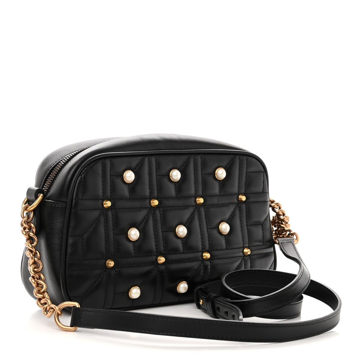 Calfskin Matelasse Studded Small Pearly GG Marmont Chain Shoulder Bag Black
