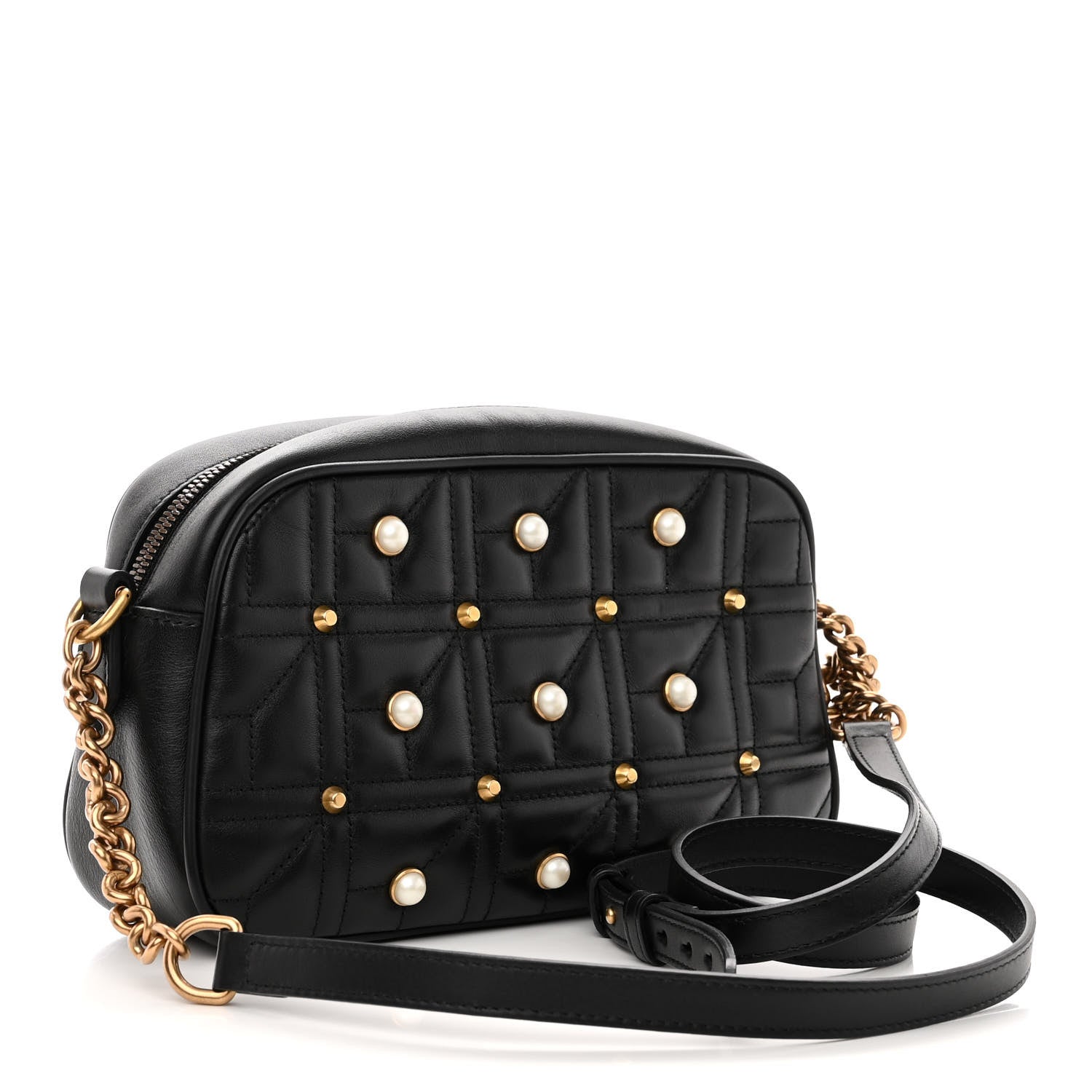 Gucci Calfskin Matelasse Studded Small Pearly GG Marmont Chain Shoulder Bag Black 2 of 9
