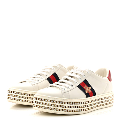 Gucci Calfskin Crystal Web Bee Embroidered Womens Ace Platform Sneakers 39 White 4 of 9