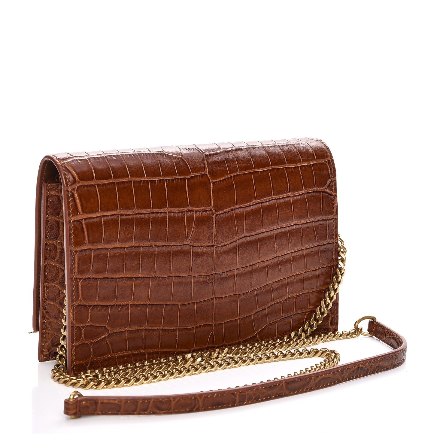 Calfskin Crocodile Embossed Kate Monogram Tassel Chain Wallet Cognac