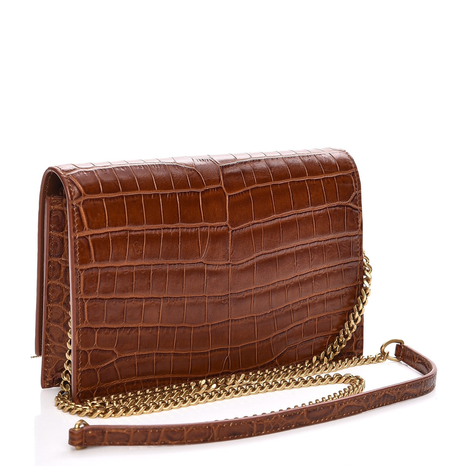 Saint Laurent Calfskin Crocodile Embossed Kate Monogram Tassel Chain Wallet Cognac 3 of 6