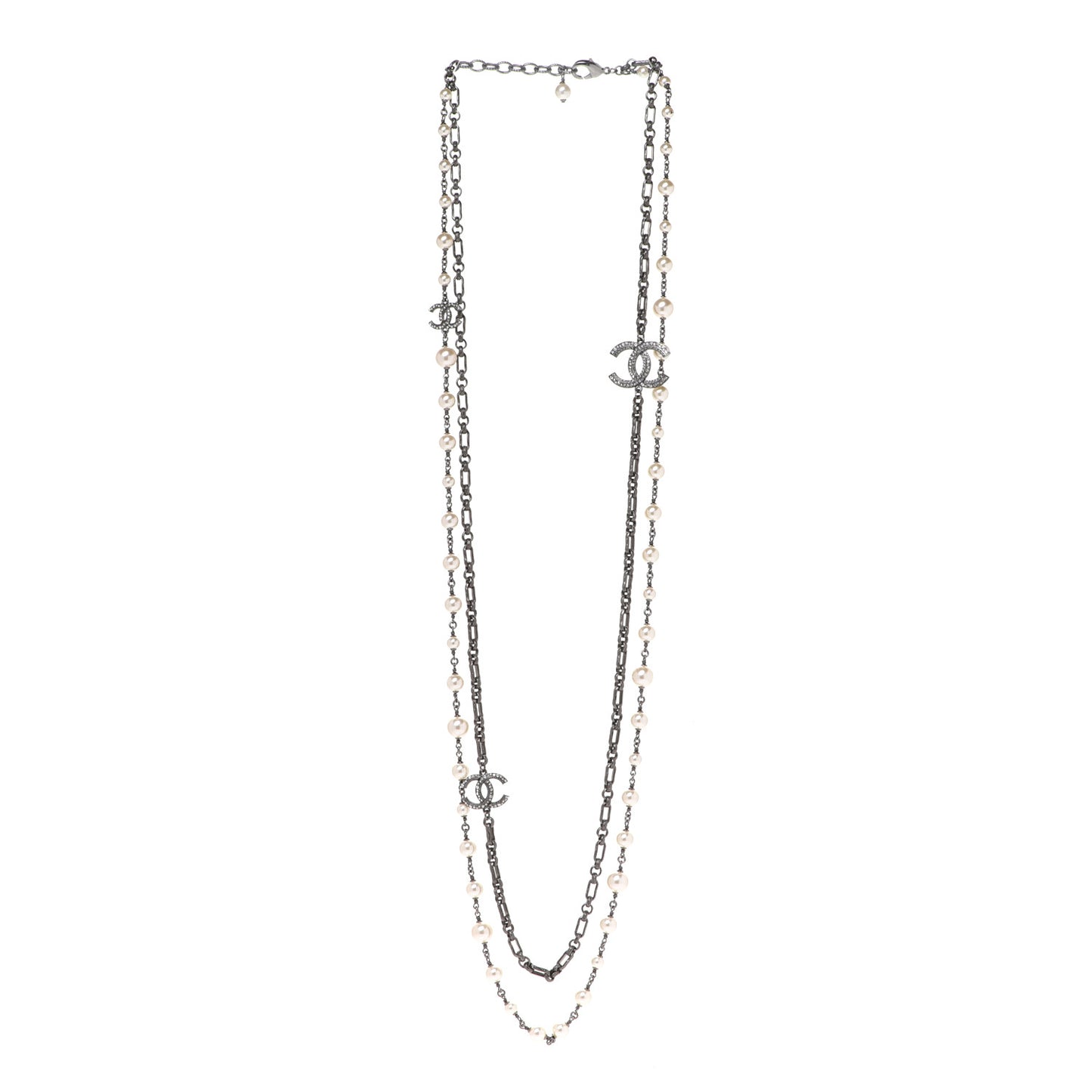 Graduated Pearl Crystal Multi Strand CC Long Necklace Silver