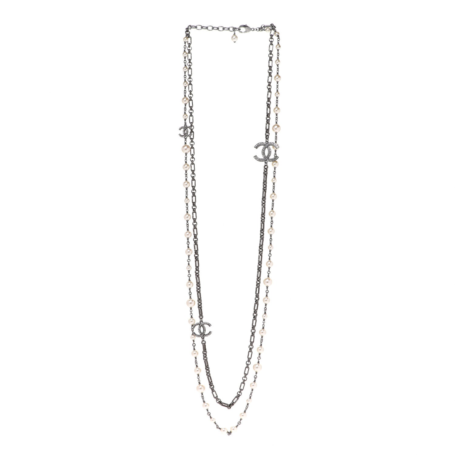 Chanel Graduated Pearl Crystal Multi Strand CC Long Necklace Silver 3 of 5