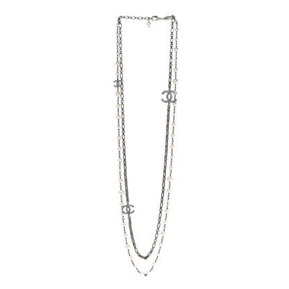 Chanel Graduated Pearl Crystal Multi Strand CC Long Necklace Silver 3 of 5