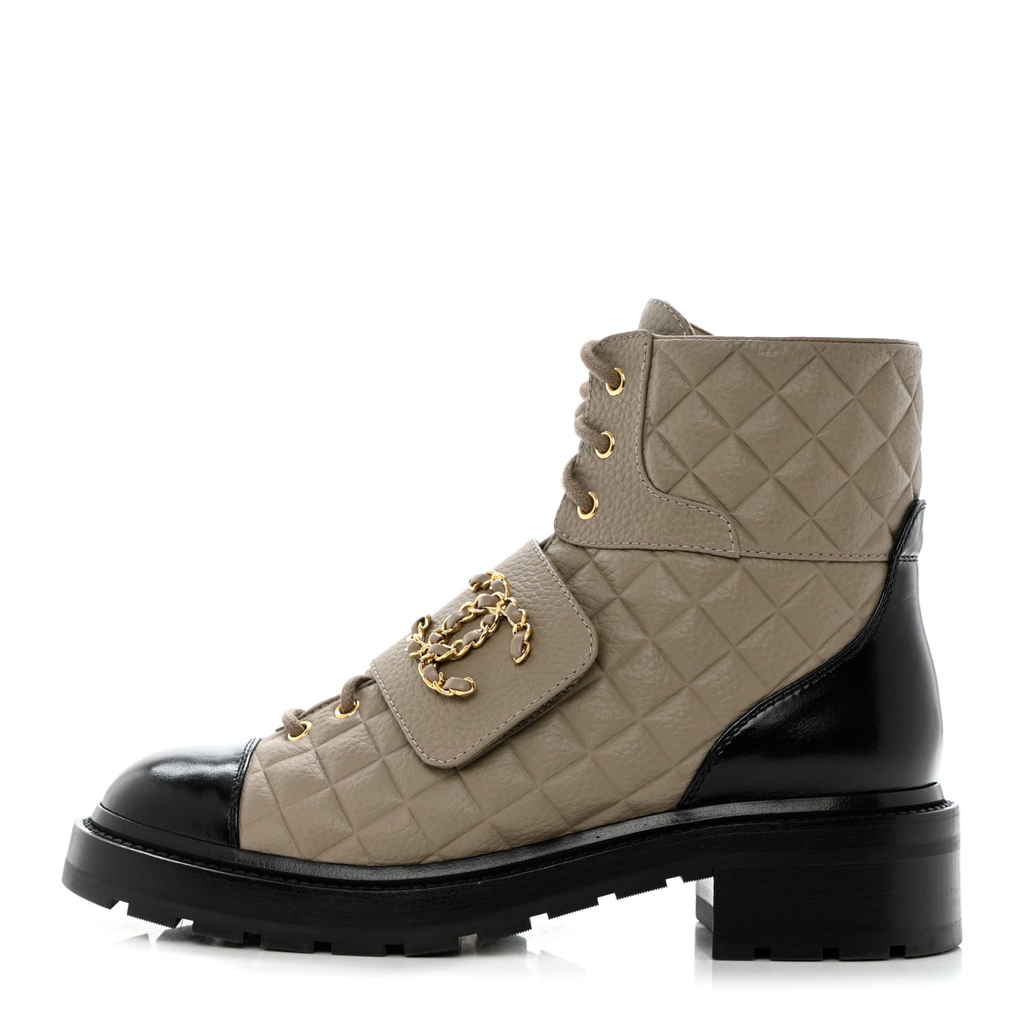 Calfskin Shiny Calfskin Quilted Lace Up Combat Boots 40.5 Dark Beige Black