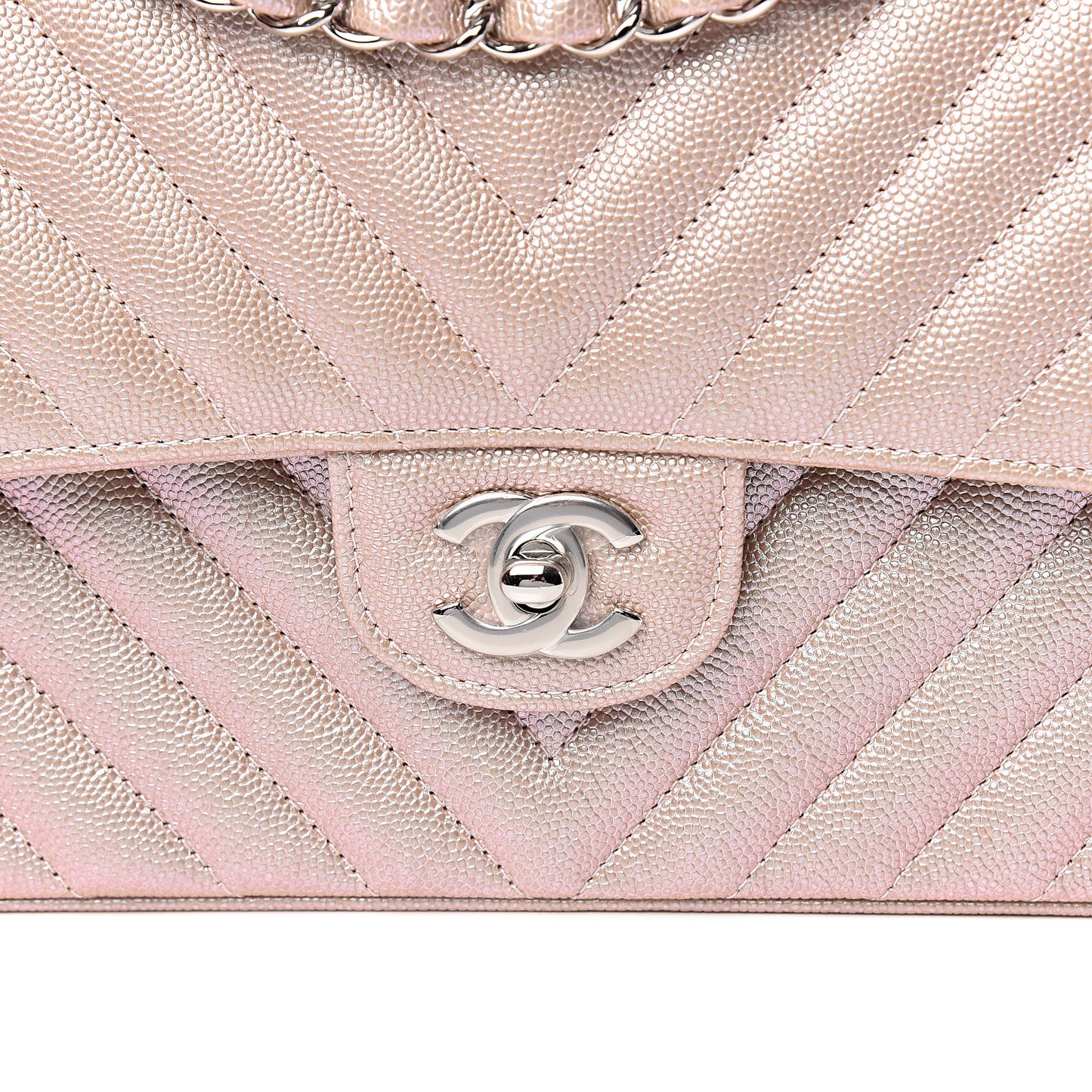Metallic Caviar Chevron Quilted Medium Double Flap Light Gold