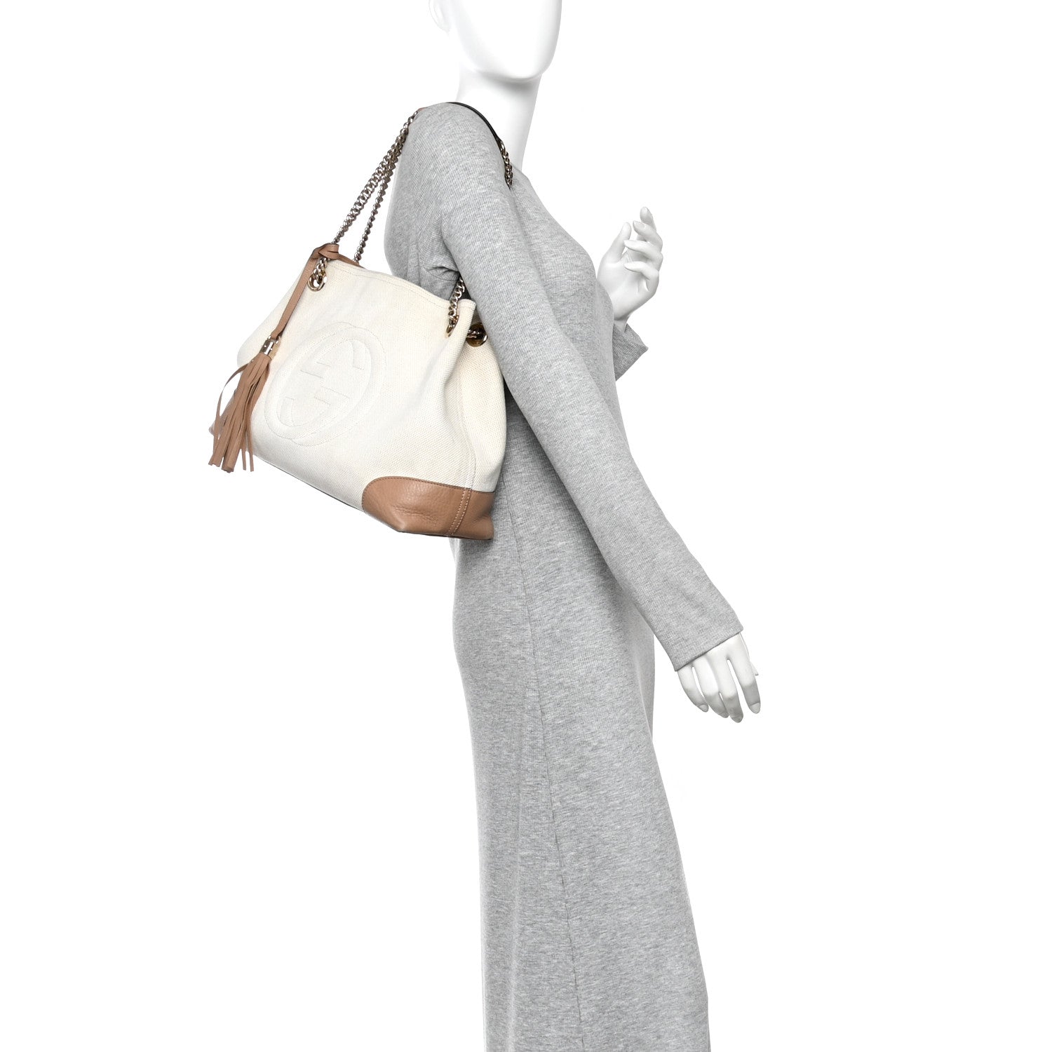 Gucci Linen Canvas Pebbled Calfskin Medium Soho Chain Shoulder Bag White Camelia 2 of 13