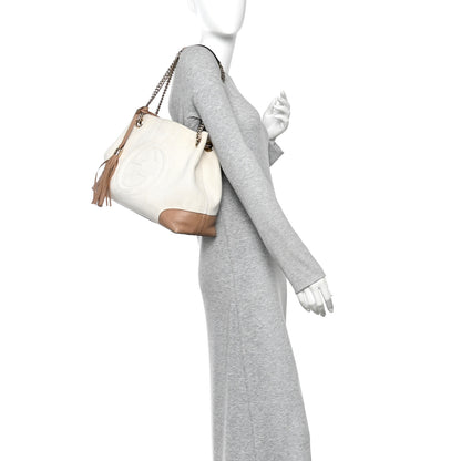 Gucci Linen Canvas Pebbled Calfskin Medium Soho Chain Shoulder Bag White Camelia 2 of 13