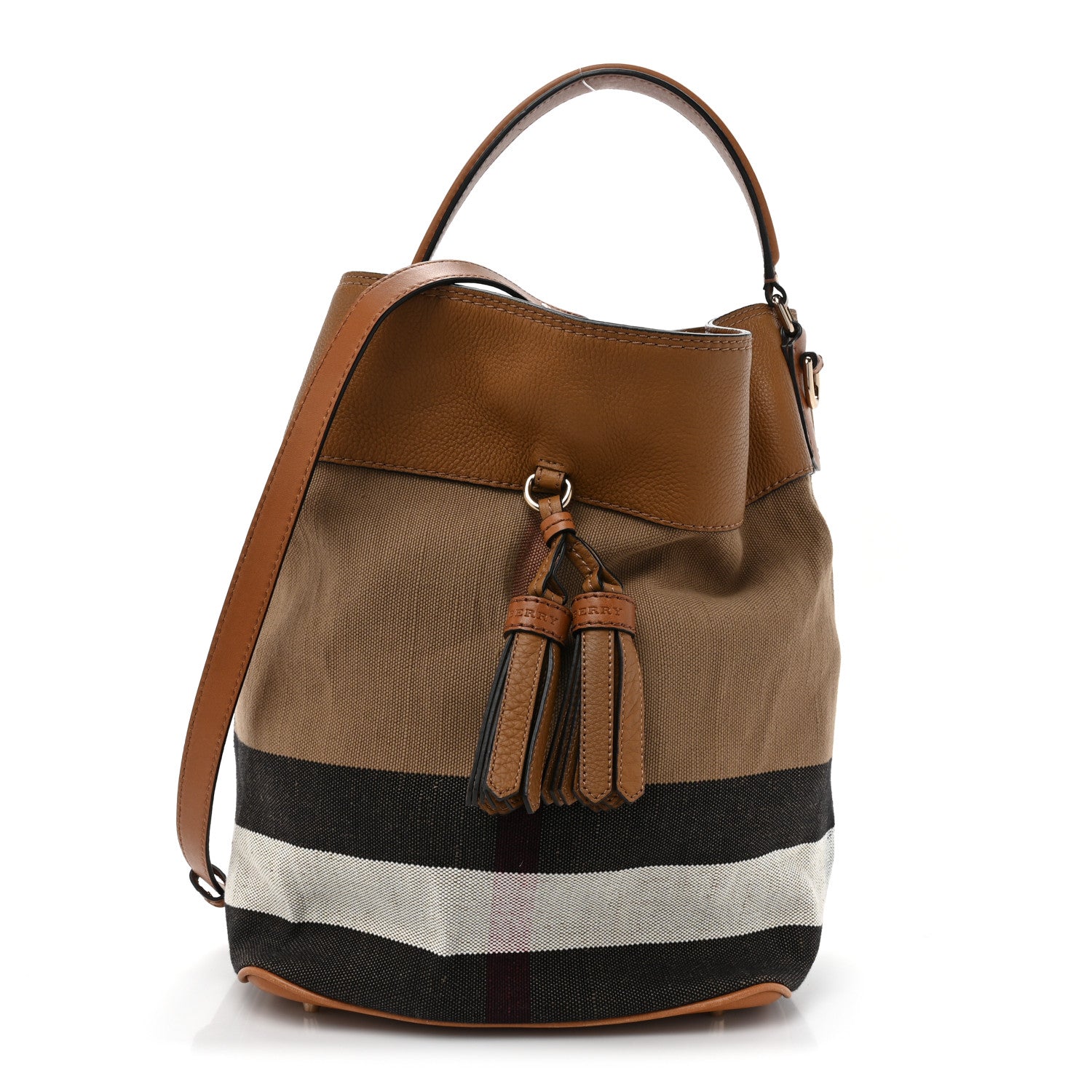 Burberry Grainy Calfskin Canvas Mega Check Medium Ashby Tassel Hobo Saddle Brown 1 of 13