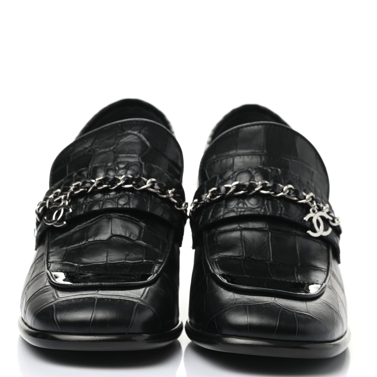 Calfskin Crocodile Embossed CC Chain Mocassin Loafers 37.5 Navy Black