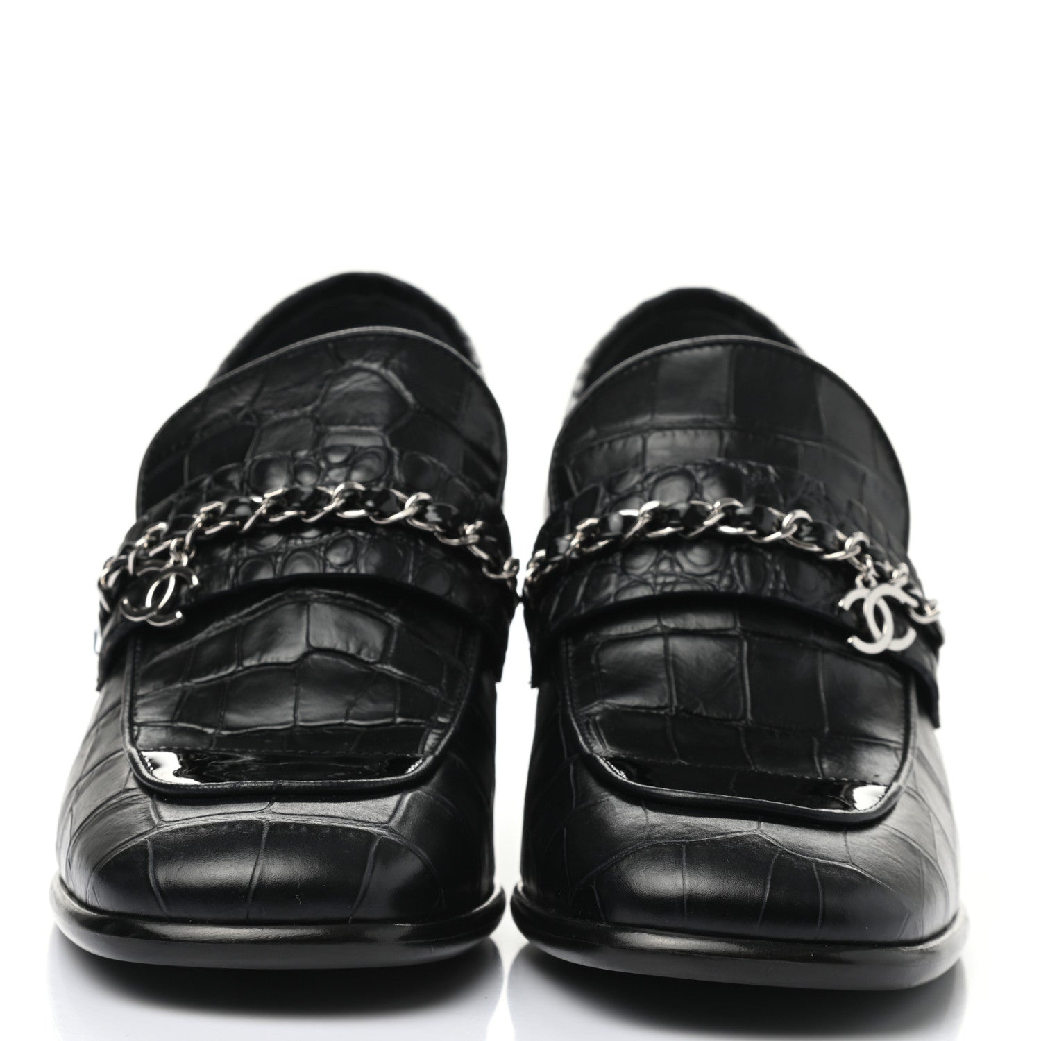 Chanel Calfskin Crocodile Embossed CC Chain Mocassin Loafers 37.5 Navy Black 2 of 8