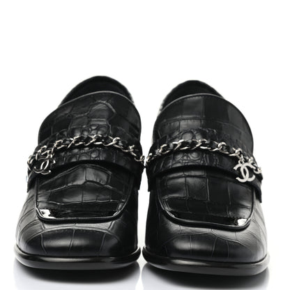 Chanel Calfskin Crocodile Embossed CC Chain Mocassin Loafers 37.5 Navy Black 2 of 8