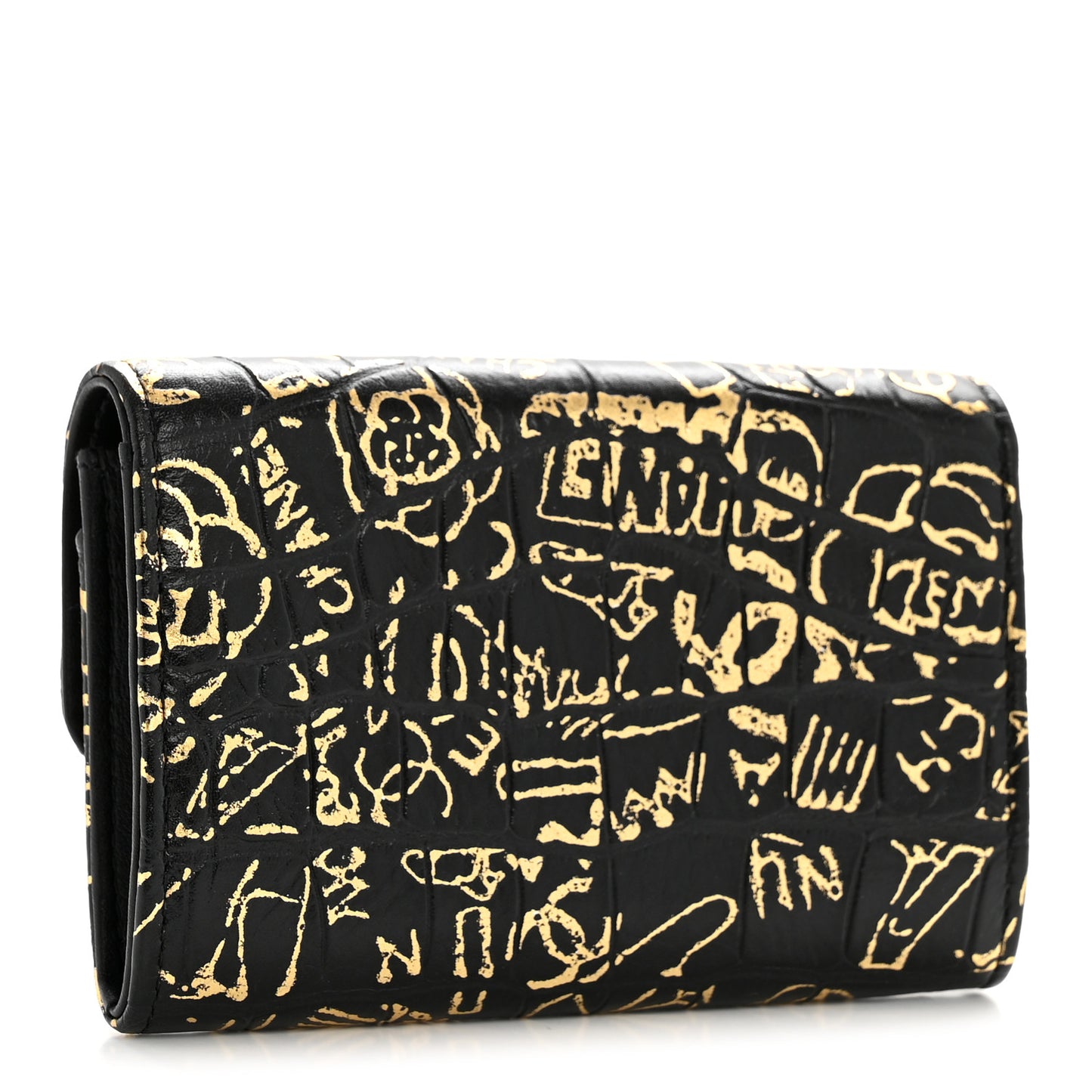 Calfskin Crocodile Embossed Graffiti 2.55 Crocodile Reissue Flap Card Holder Black Gold