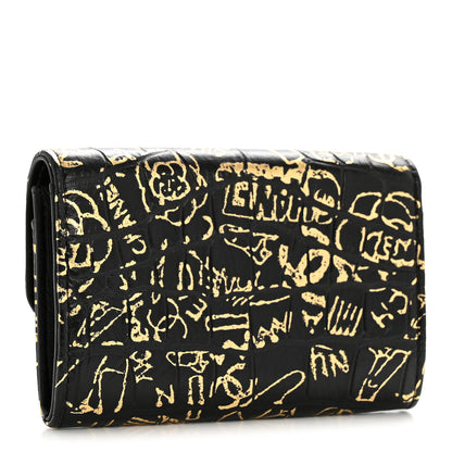 Chanel Calfskin Crocodile Embossed Graffiti 2.55 Crocodile Reissue Flap Card Holder Black Gold 3 of 8