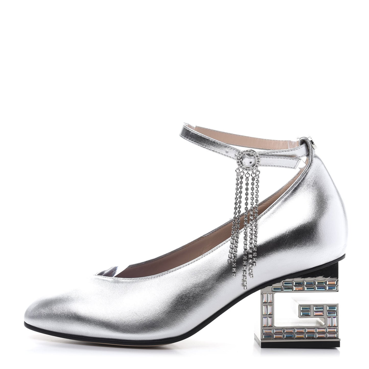 Metallic Nappa Crystal Square G Mid Heel Pumps 37.5 Silver