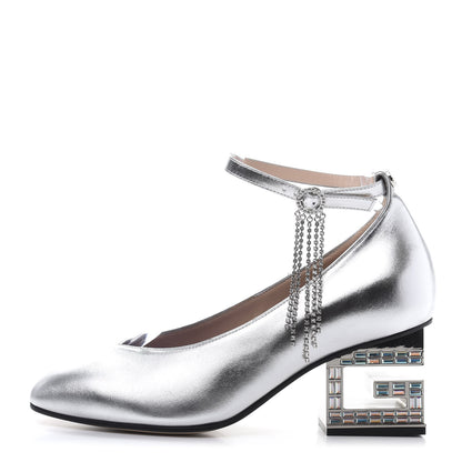 Gucci Metallic Nappa Crystal Square G Mid Heel Pumps 37.5 Silver 1 of 10