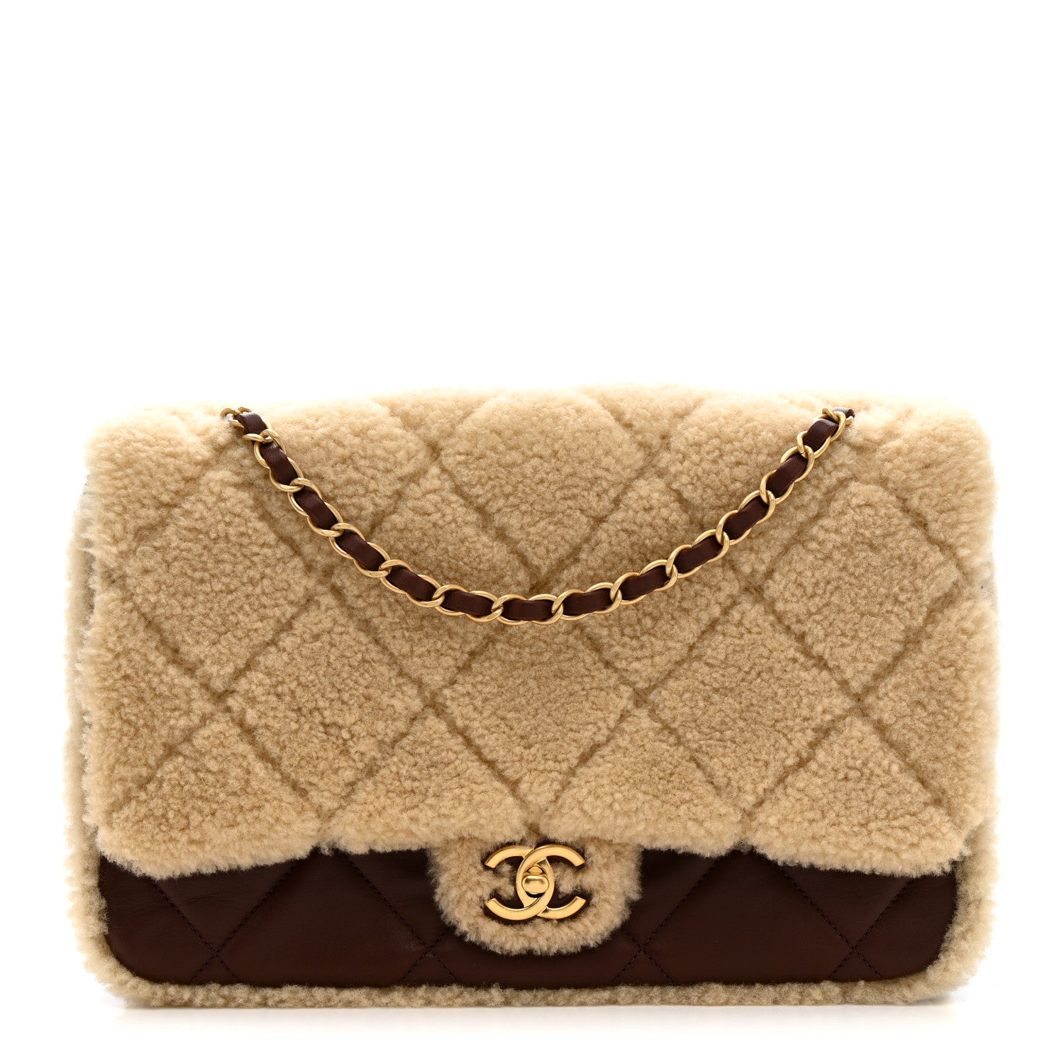 Chanel Shearling Lambskin Quilted Large Furry Coco Flap Beige Dark Brown 1 of 11