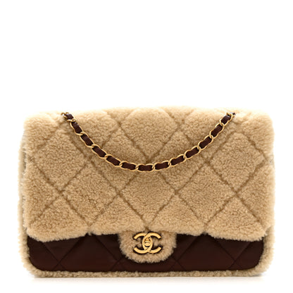 Chanel Shearling Lambskin Quilted Large Furry Coco Flap Beige Dark Brown 1 of 11