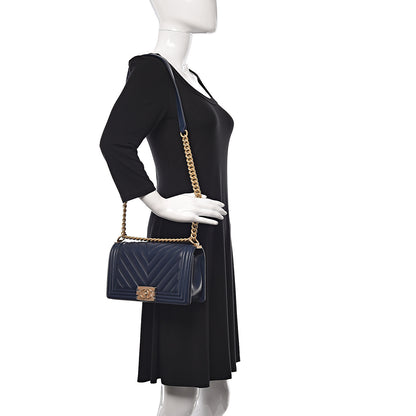 Chanel Calfskin Chevron Medium Boy Flap Dark Navy Blue 3 of 15