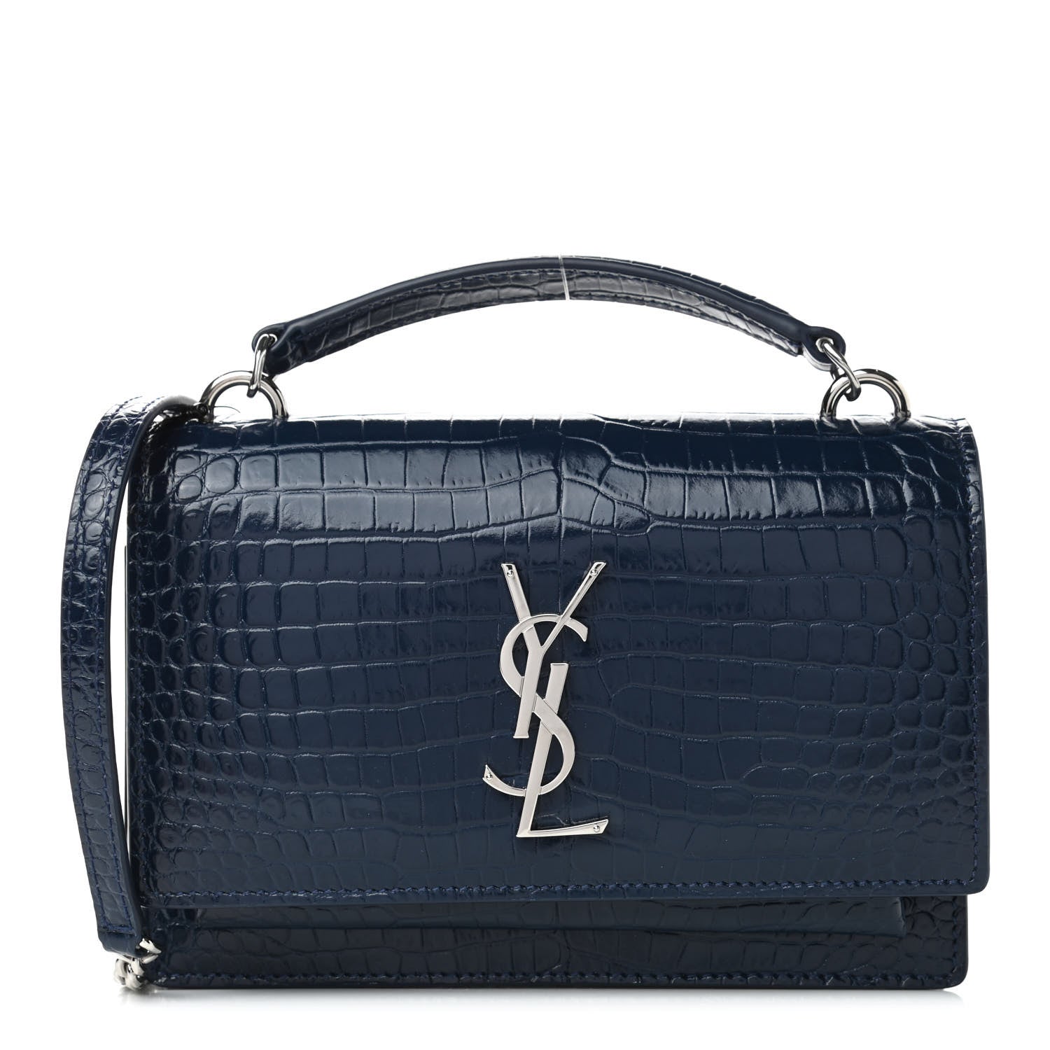 Saint Laurent Calfskin Crocodile Embossed Monogram Sunset Chain Wallet New Cobalt 1 of 4