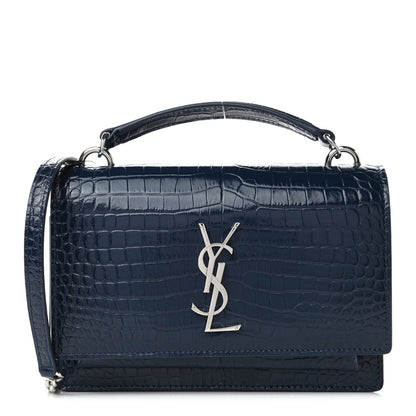 Saint Laurent Calfskin Crocodile Embossed Monogram Sunset Chain Wallet New Cobalt 1 of 4