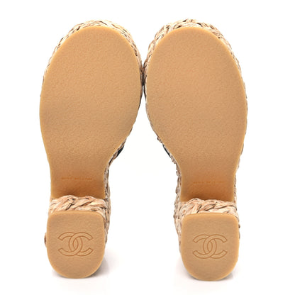 Chanel Canvas Raffia Wedge Sandals 38 Black 5 of 9