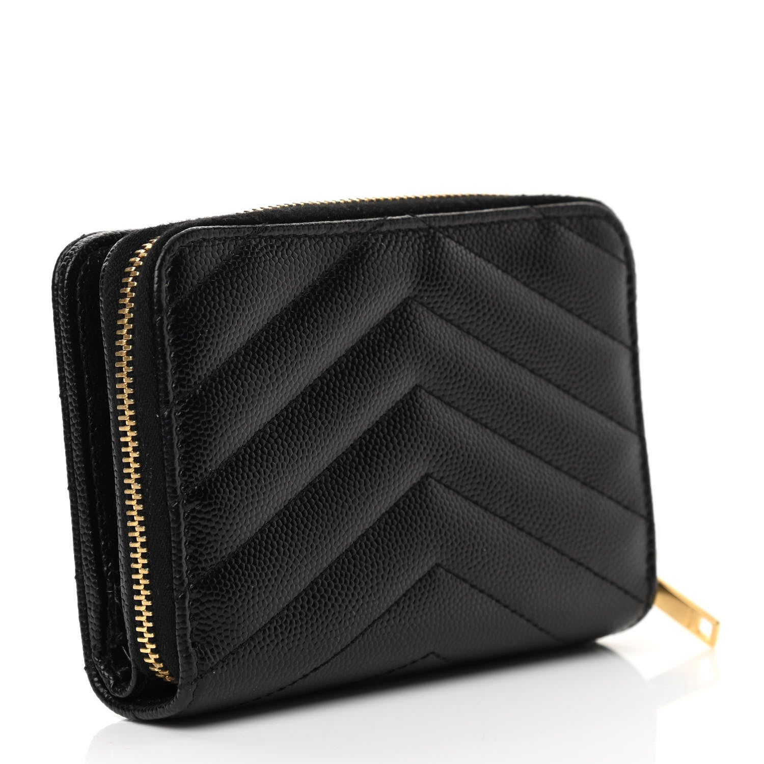 Saint Laurent Grain De Poudre Matelasse Chevron Monogram Compact Zip Around Wallet Black 3 of 9