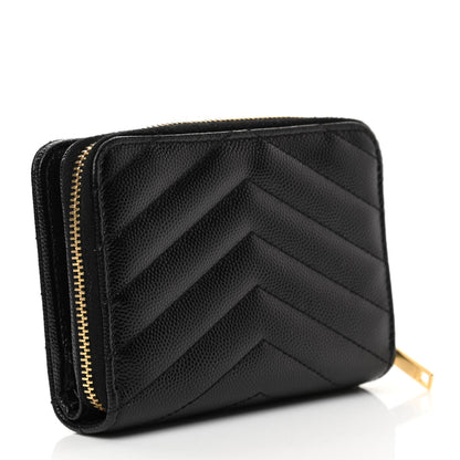 Saint Laurent Grain De Poudre Matelasse Chevron Monogram Compact Zip Around Wallet Black 3 of 9