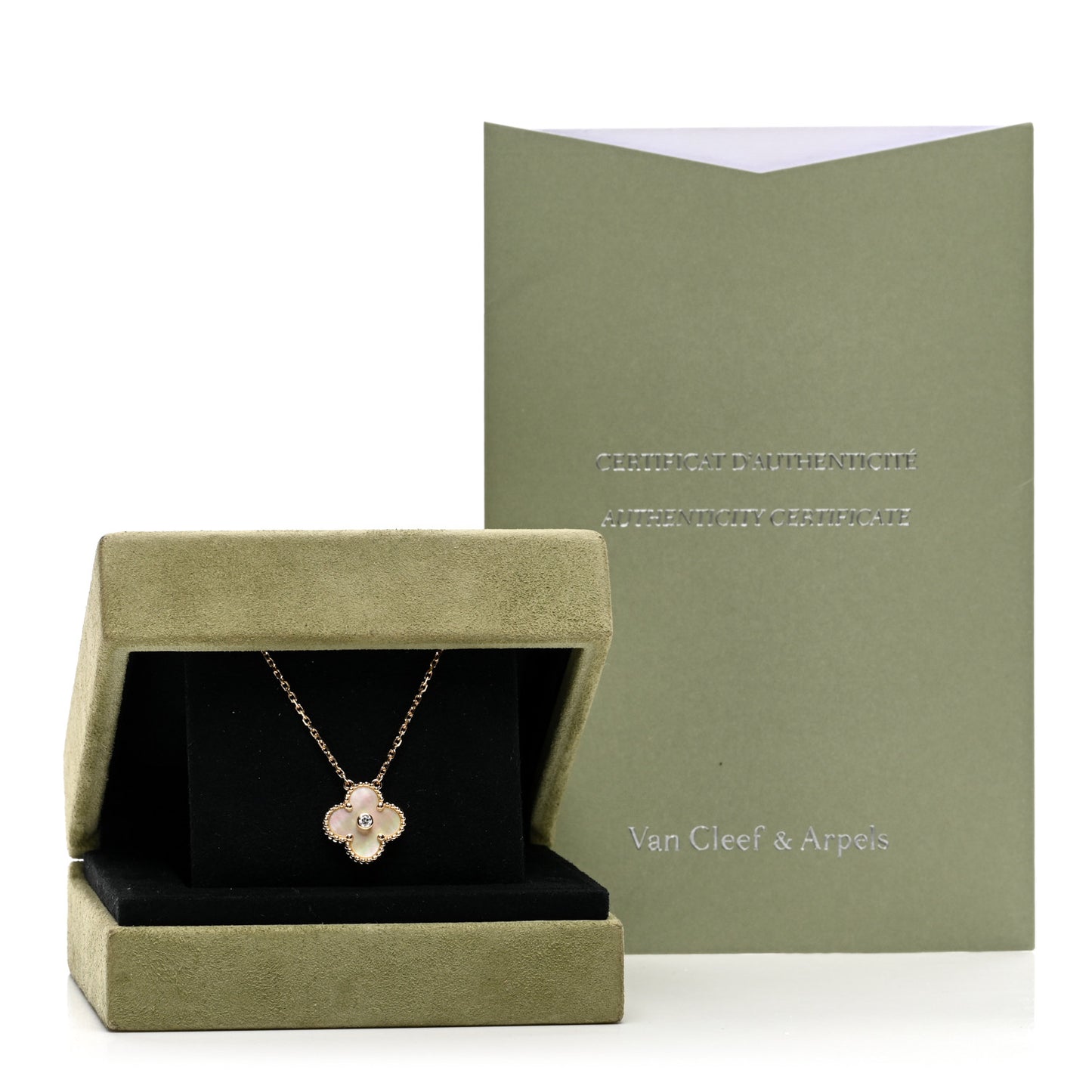18K Yellow Gold Diamond Yellow Mother of Pearl Vintage Alhambra Pendant Necklace
