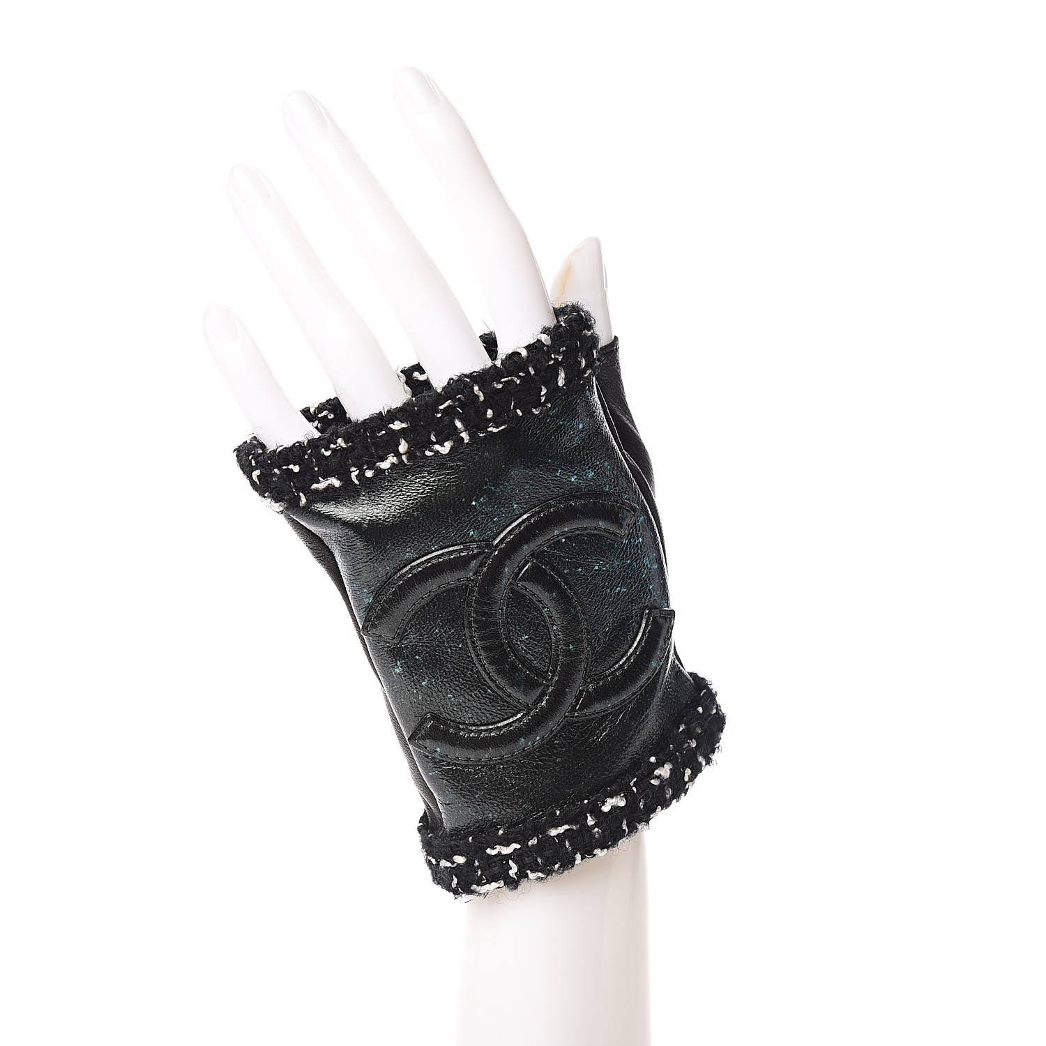 Chanel Metallic Lambskin Tweed CC Fingerless Gloves 6.5 Black Green 3 of 5
