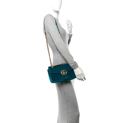 Gucci Velvet Matelasse Small GG Marmont Shoulder Bag Pavone Cyan 2 of 10